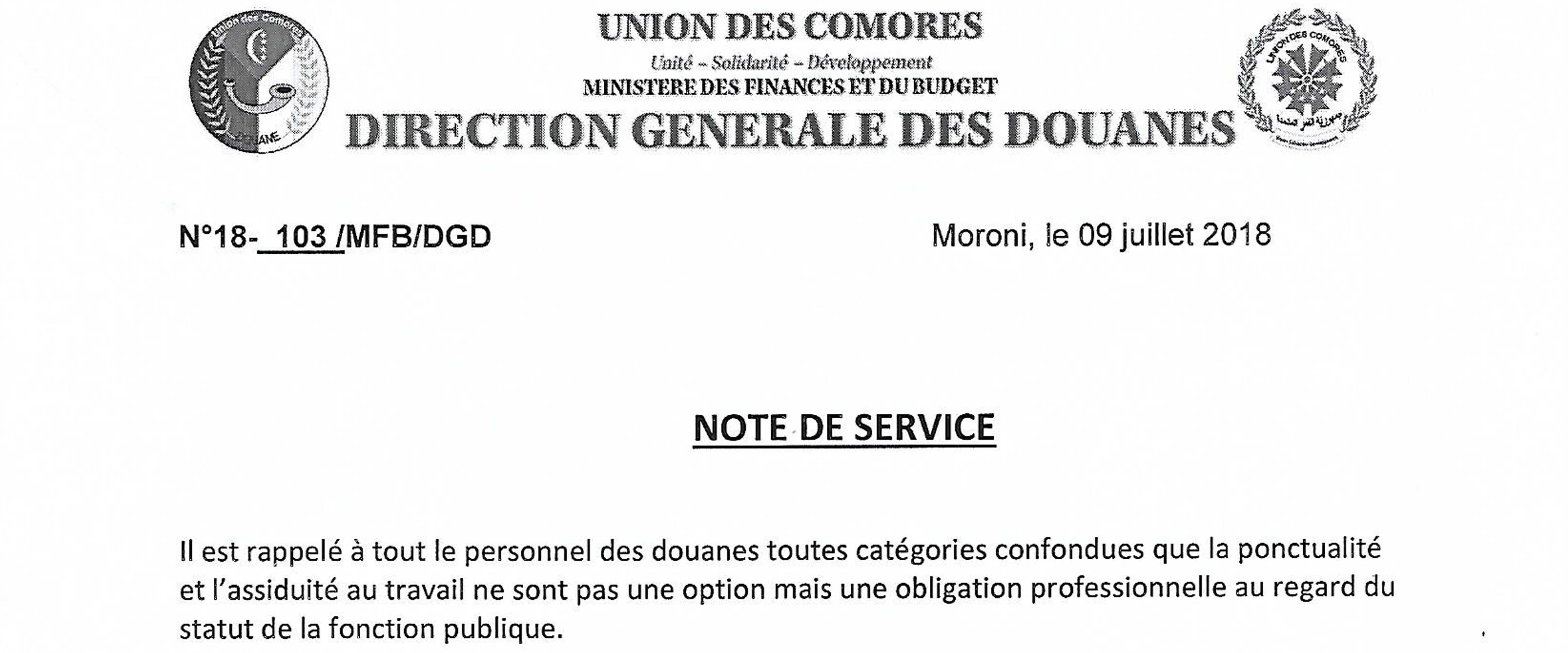 Note De Service Sur La Ponctualite Et L Assiduite Des Douaniers